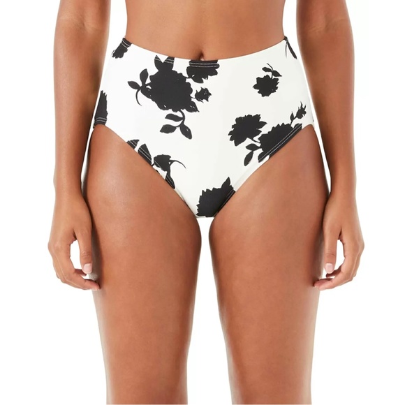 NWT $78 kate spade NY [ Small ] Floral High Waist Bikini Swim Bottoms Ivory Blac - Picture 1 of 9